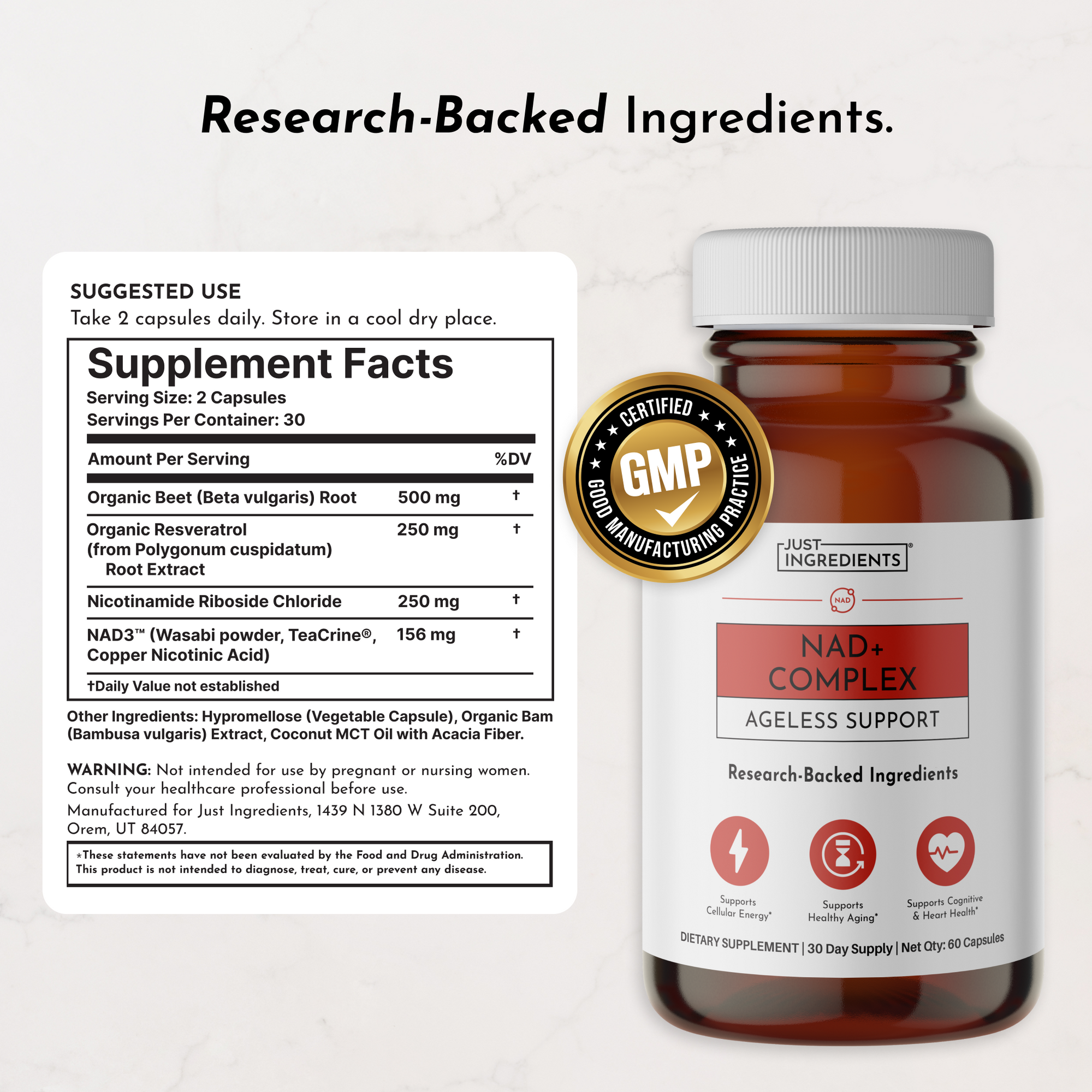 NAD+ Complex supplement bottle with white cap, amber glass container, and label showing ingredients and GMP certification sea