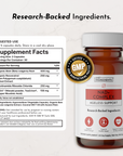NAD+ Complex supplement bottle with white cap, amber glass container, and label showing ingredients and GMP certification sea