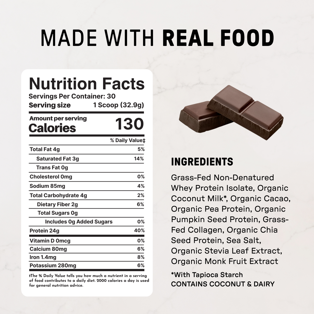 Chocolate protein powder nutrition label with dark chocolate pieces and ingredients list showing 24g protein per serving.