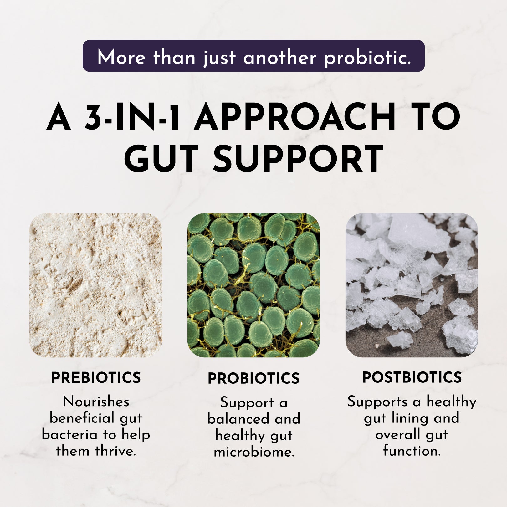 Three ingredient components displayed: tan powder labeled prebiotics, green circular leaves labeled probiotics, and white cry