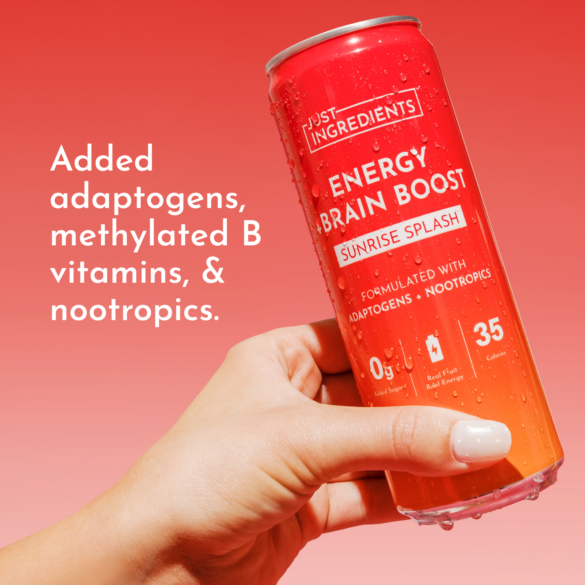 Hand holding a red can of "Energy Brain Boost" with a gradient background, featuring text about its ingredients.