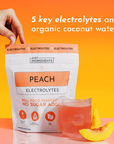 Hand holding peach electrolyte powder packet with prepared drink and fresh peach slices on orange and pink background.