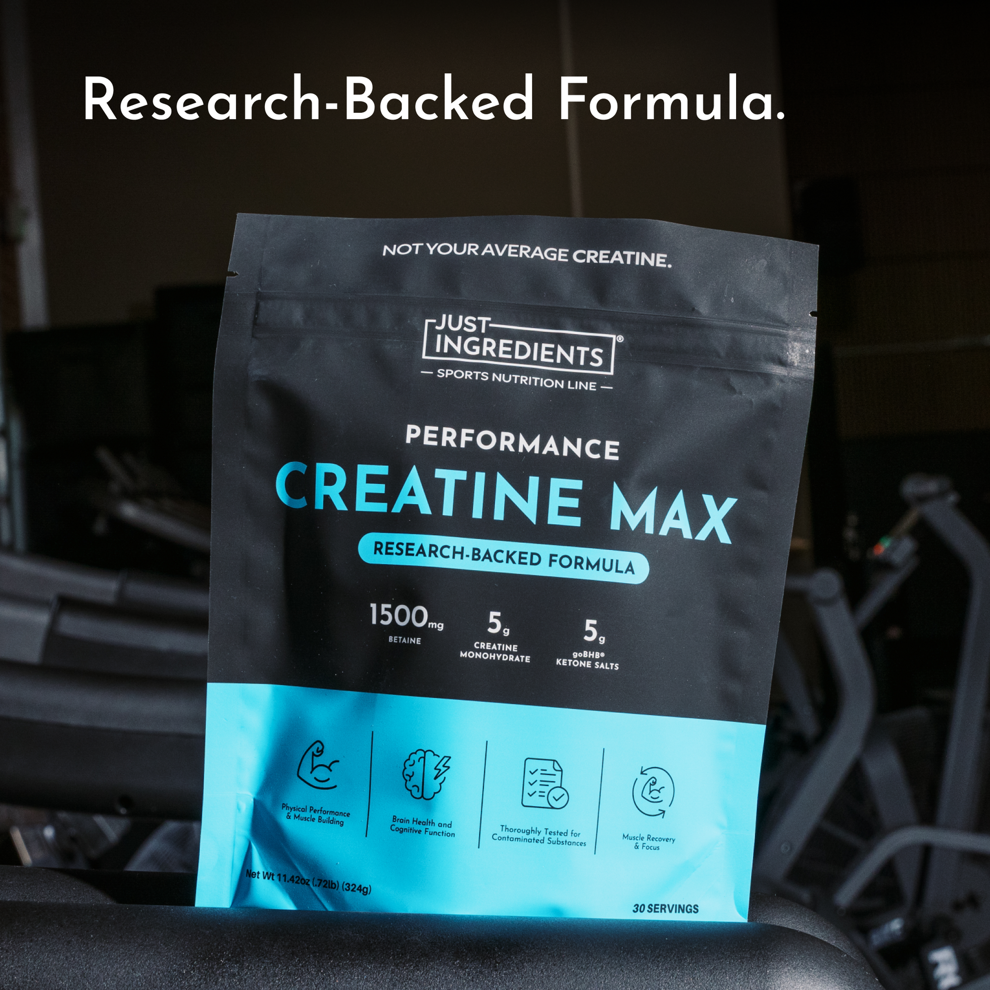 Black and blue Creatine Max supplement pouch with ingredient dosages and benefit icons displayed on front label.