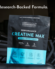 Black and blue Creatine Max supplement pouch with ingredient dosages and benefit icons displayed on front label.