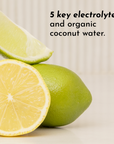 A whole lime and a halved lime are displayed on a surface, with text mentioning electrolytes and coconut water.