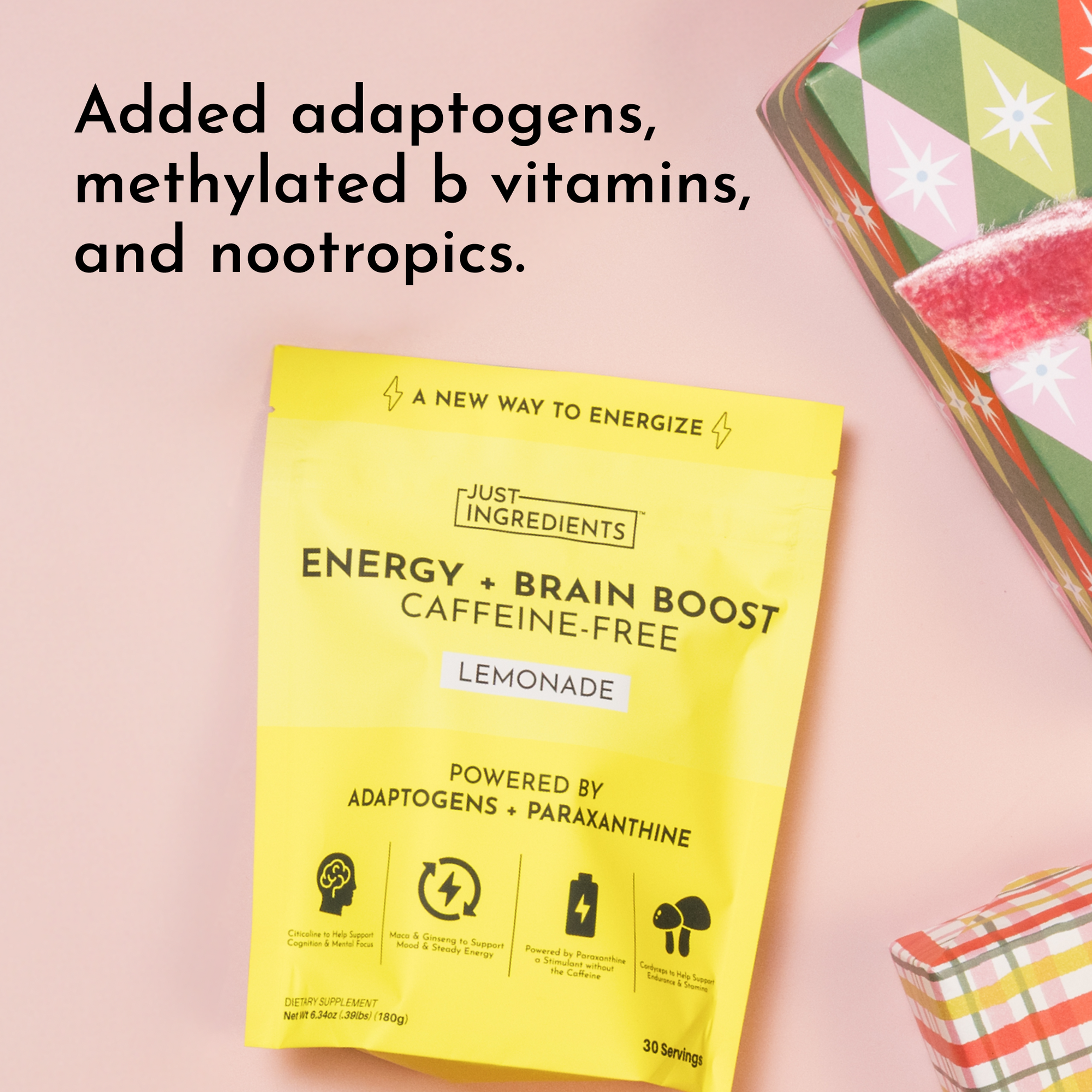Yellow packaging for Energy + Brain Boost Lemonade, labeled caffeine-free with details on ingredients and benefits.