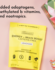 Yellow packaging for Energy + Brain Boost Lemonade, labeled caffeine-free with details on ingredients and benefits.