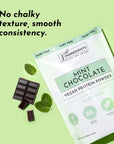Mint chocolate vegan protein powder package with chocolate pieces and mint leaves on a light green background.