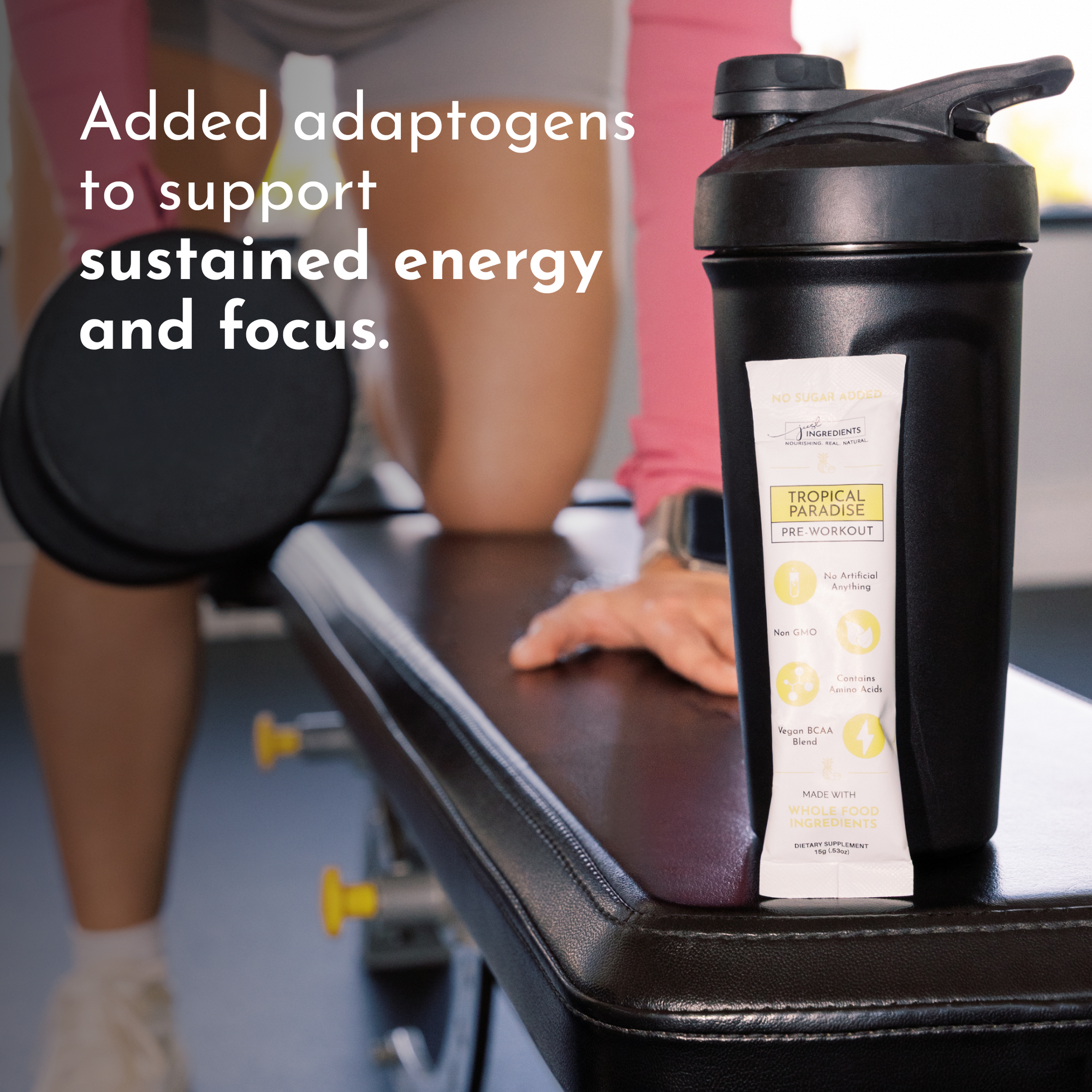 Black shaker bottle with a Tropical Paradise Pre-Workout stick displayed on a gym bench, weights in the background.