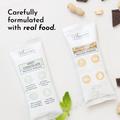 Two protein powder packets, Mint Chocolate and Creamy Peanut Butter Chocolate, with ingredients and nutritional information v