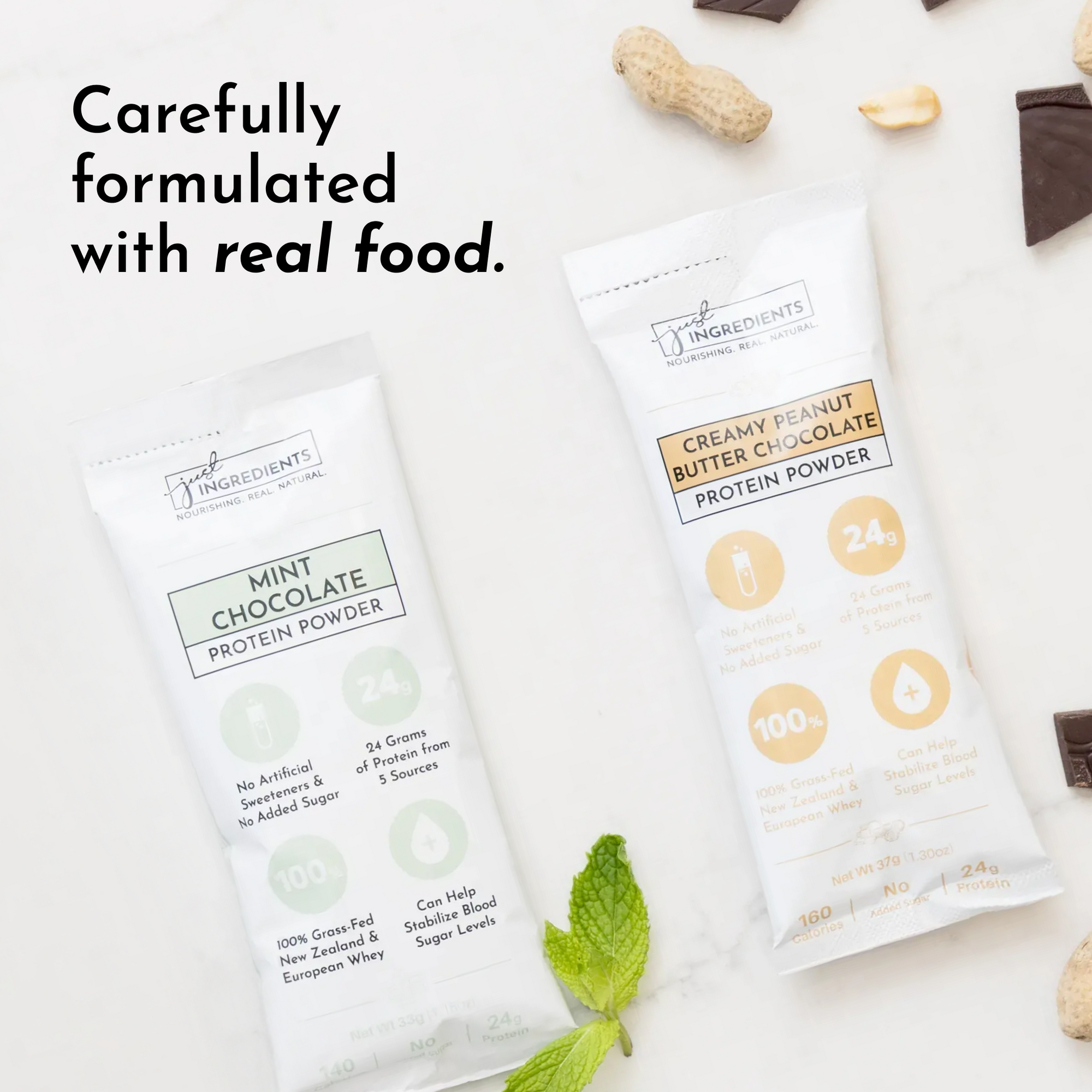 Two protein powder packets, Mint Chocolate and Creamy Peanut Butter Chocolate, with ingredients and nutritional information v