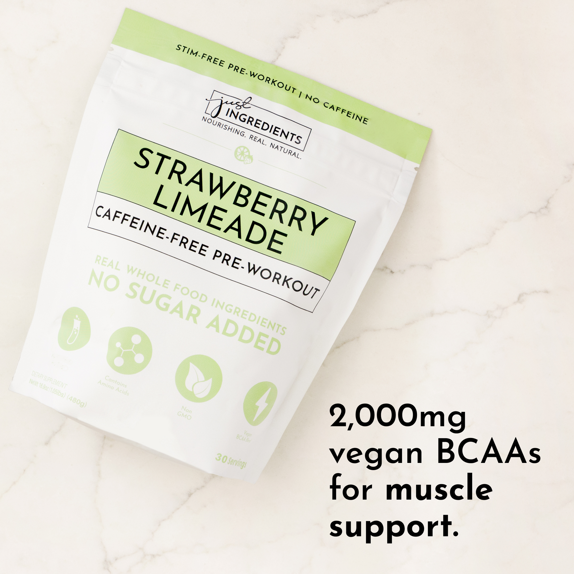 Caffeine-free pre-workout powder in a resealable pouch with strawberry limeade flavor and 2,000mg vegan BCAAs.