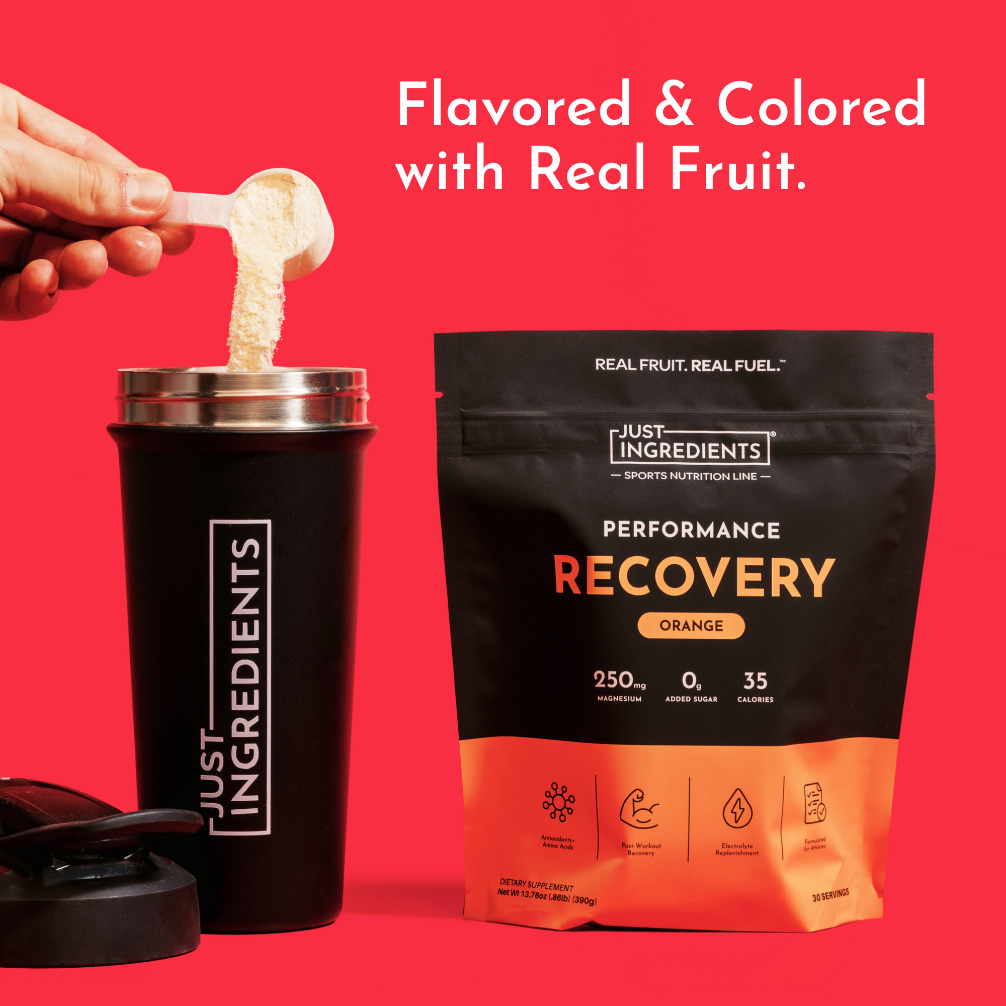 Orange recovery drink powder in black pouch next to black shaker bottle with powder being poured on red background.