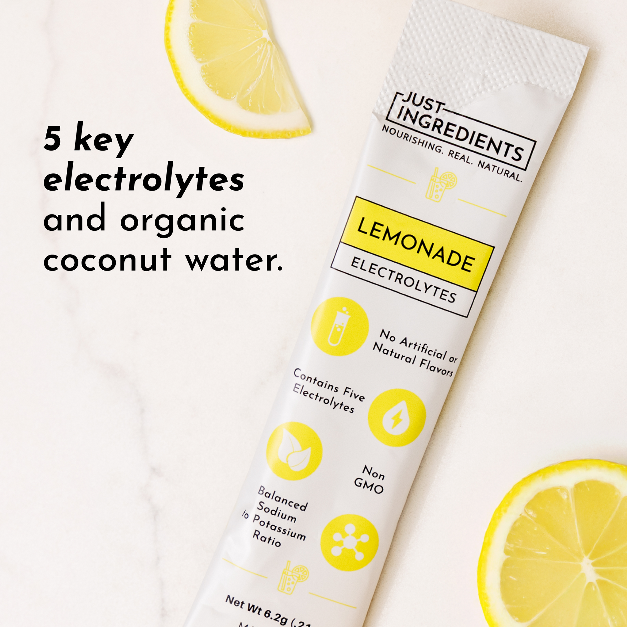 Lemonade electrolytes stick with five key electrolytes and organic coconut water, featuring a lemon slice.