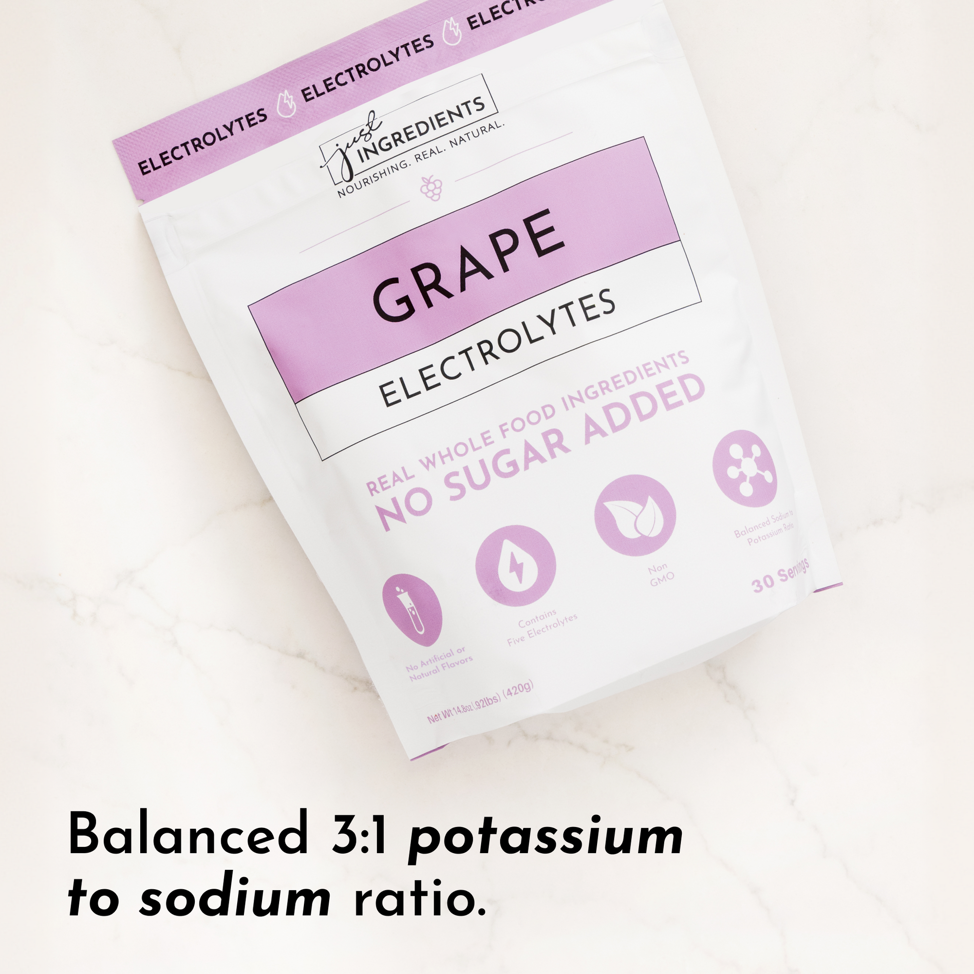 Pouch of Grape Electrolytes with a purple design, featuring nutritional information and serving details.