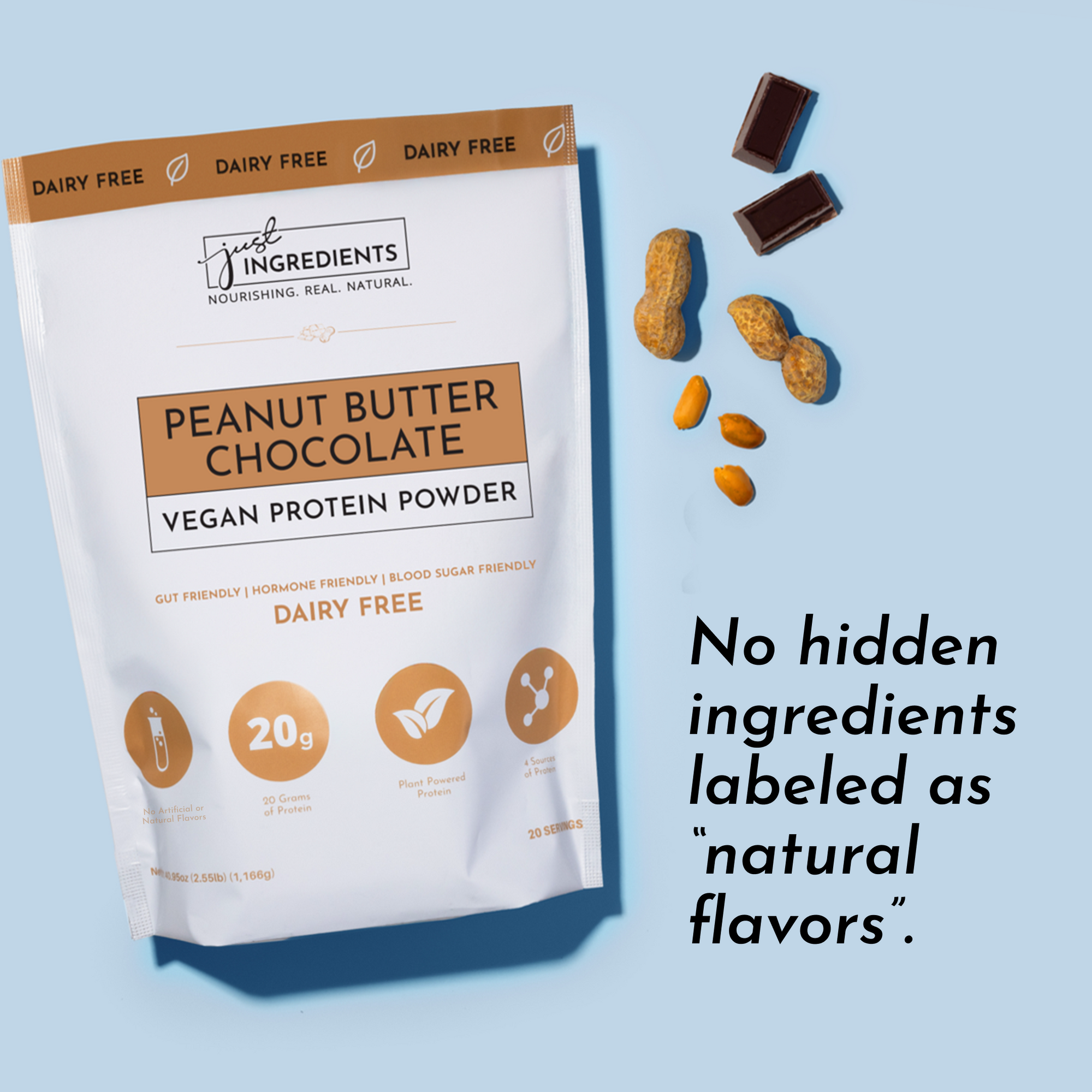 Vegan peanut butter chocolate protein powder bag with peanuts and chocolate pieces on a light blue background.