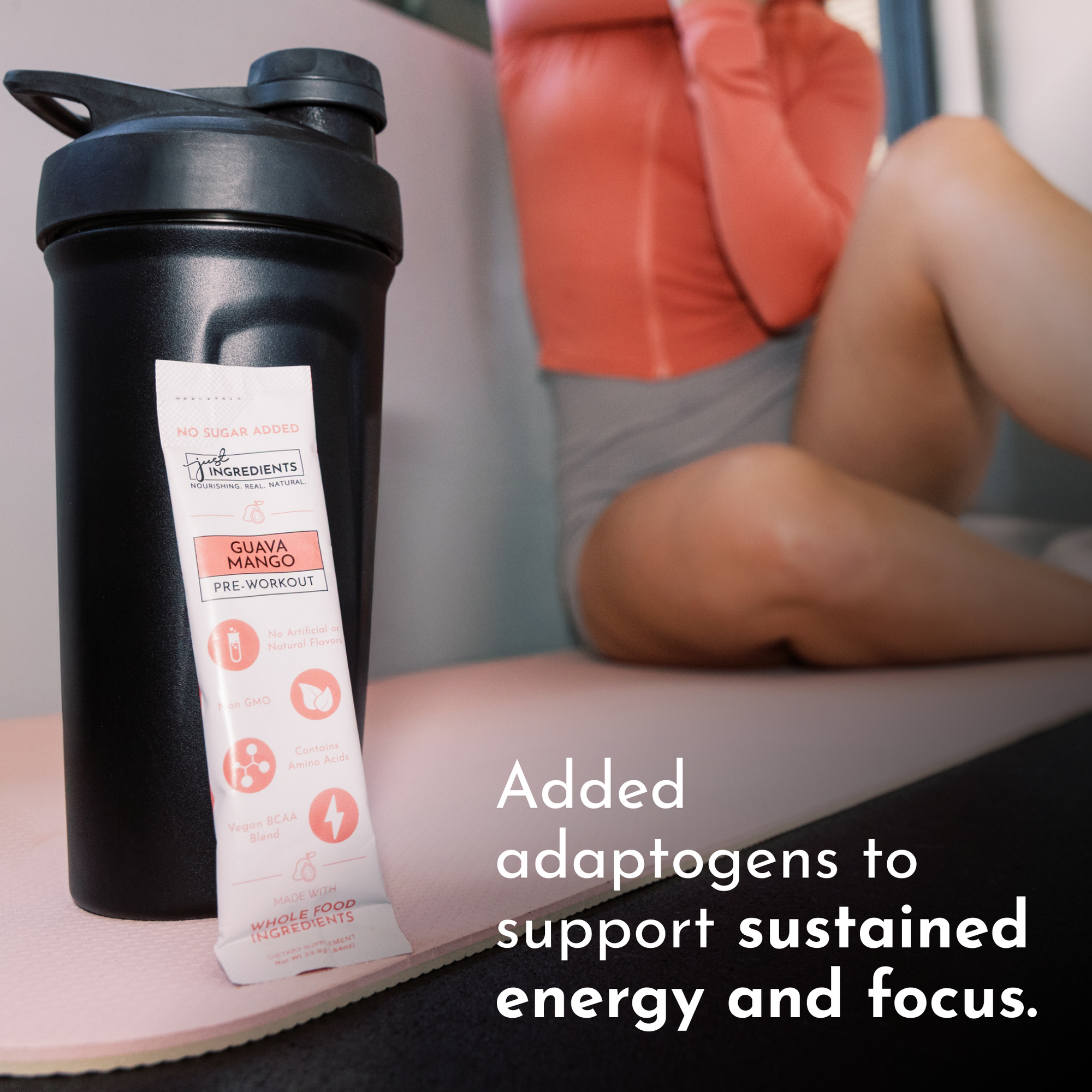 Black shaker bottle with a Guava Mango Pre-Workout stick displayed beside it on a workout mat.