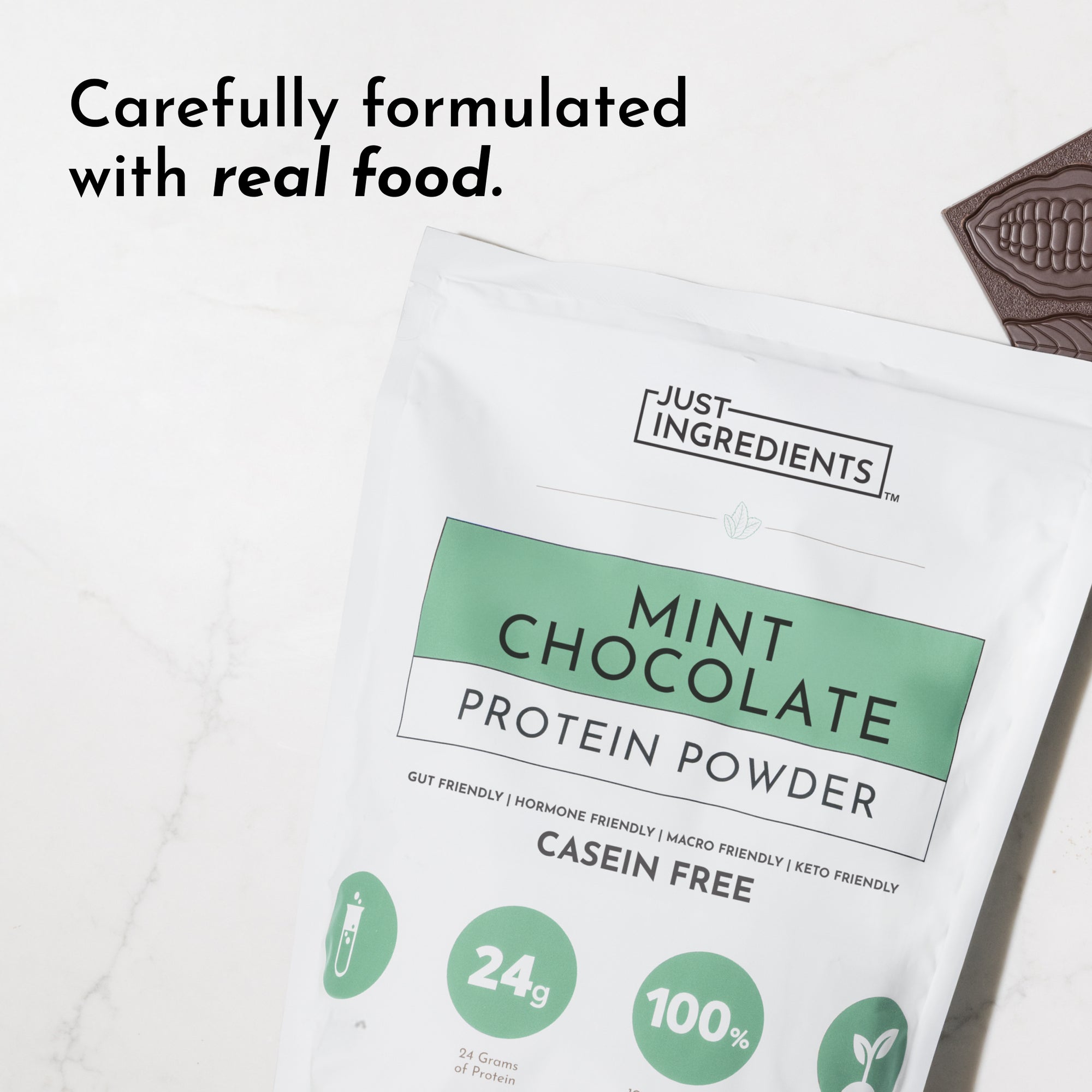 White pouch of Mint Chocolate Protein Powder with green accents and nutritional information displayed.