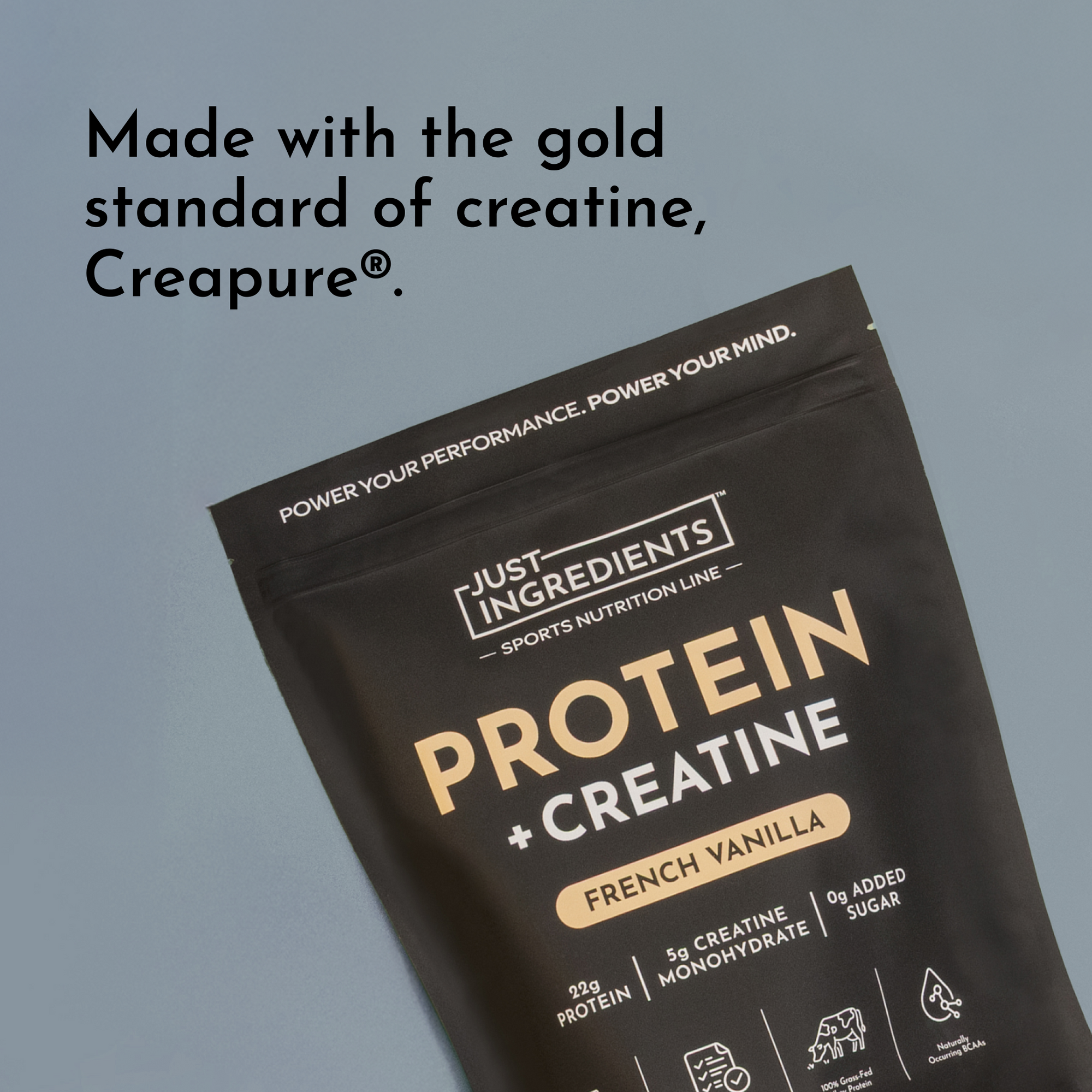 Black packaging of French Vanilla Protein + Creatine with nutritional information and branding details visible.