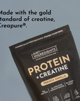 Black packaging of French Vanilla Protein + Creatine with nutritional information and branding details visible.