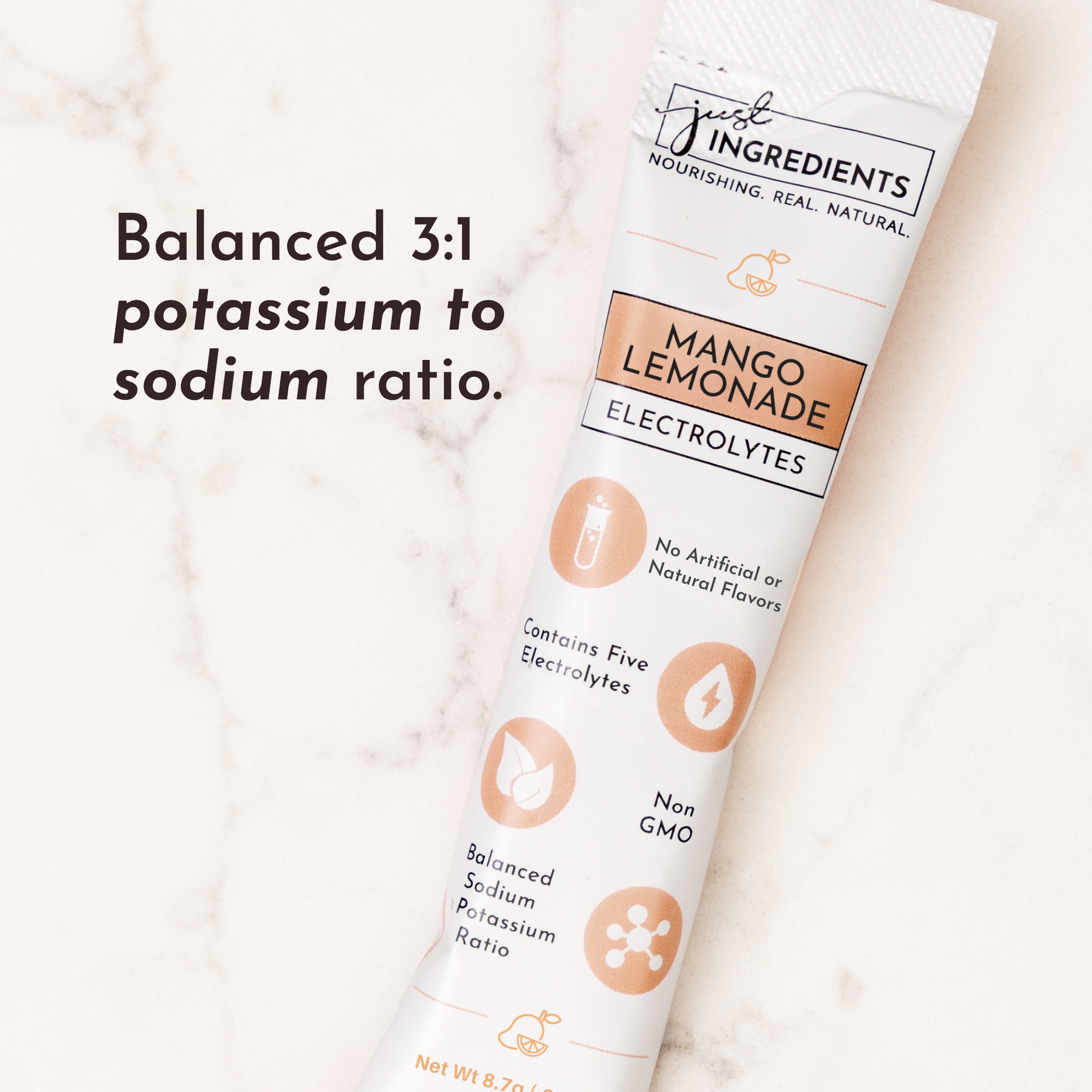Electrolyte stick with mango lemonade flavor, featuring a balanced potassium to sodium ratio and five electrolytes.