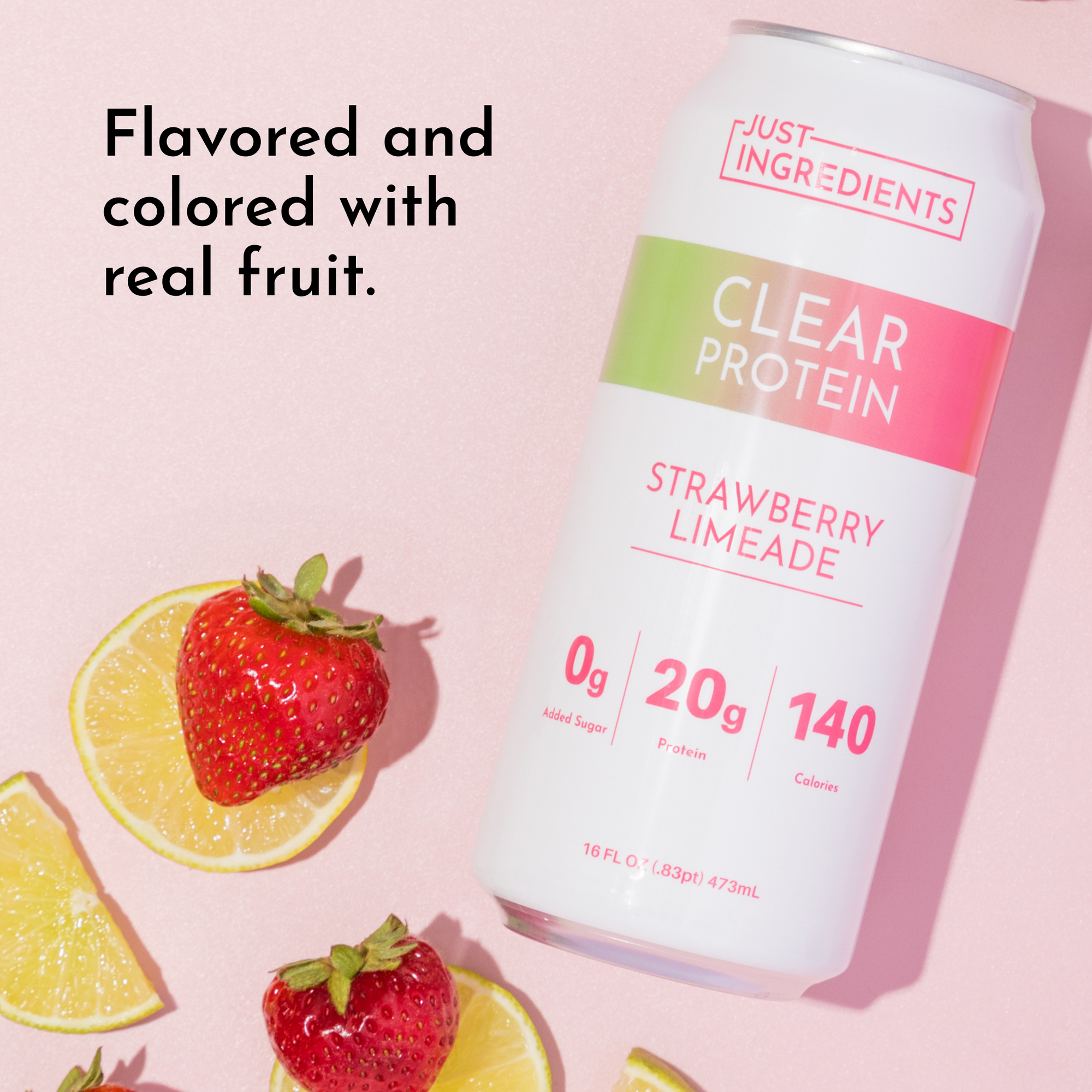 Clear protein drink can featuring strawberry limeade flavor, surrounded by fresh strawberries and lemon slices.
