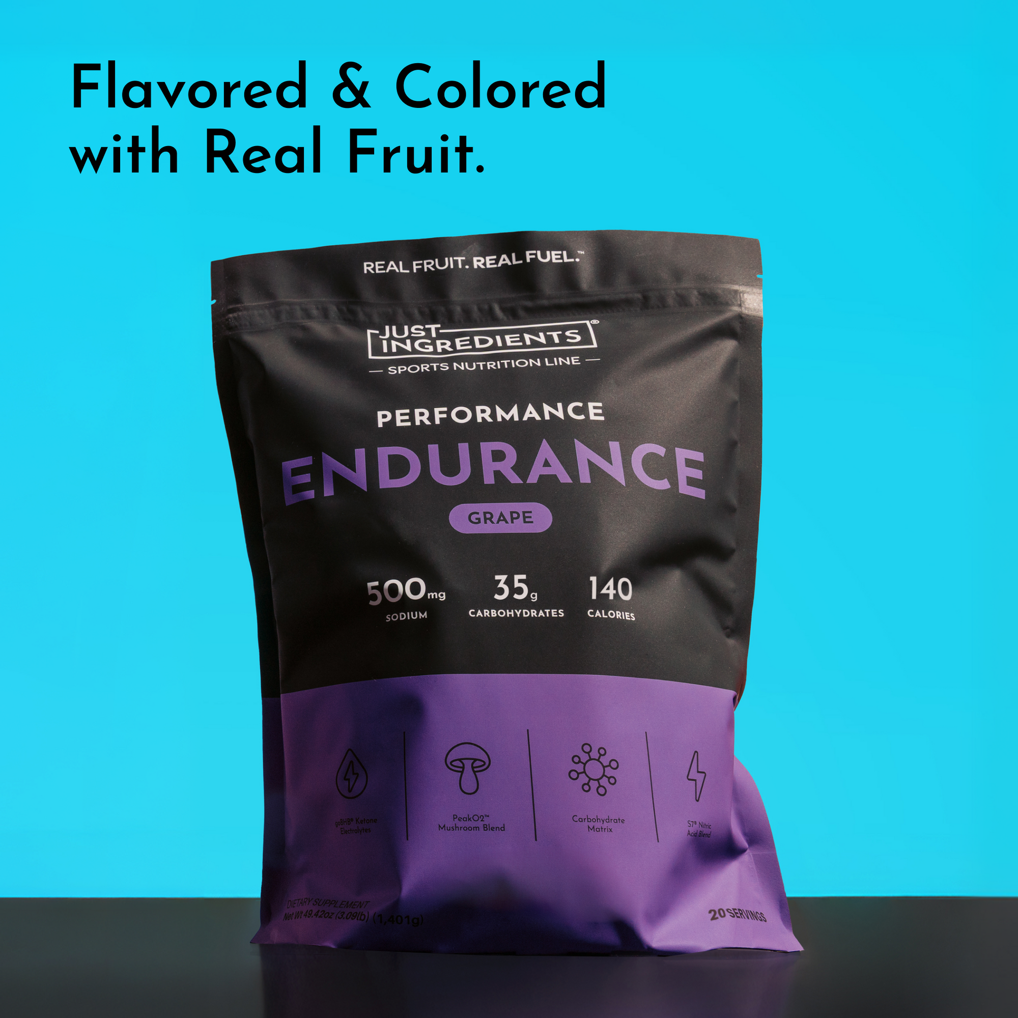 Black and purple pouch of Just Ingredients Performance Endurance grape-flavored sports drink powder on turquoise background.