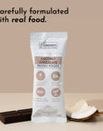Coconut chocolate protein powder stick with nutritional information and ingredients displayed on the packaging.