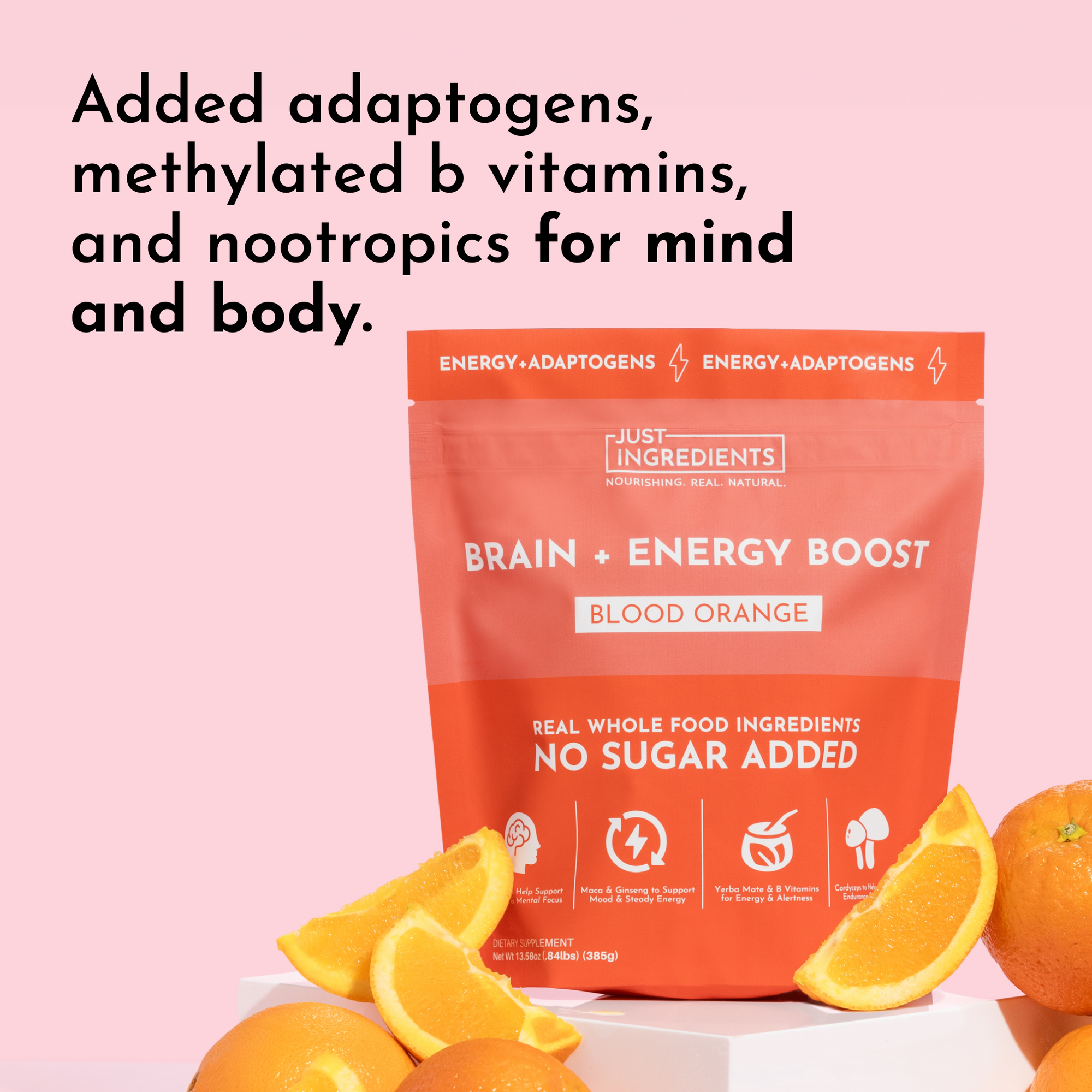 Brightly colored packaging for "Brain + Energy Boost Blood Orange" with orange slices in front.
