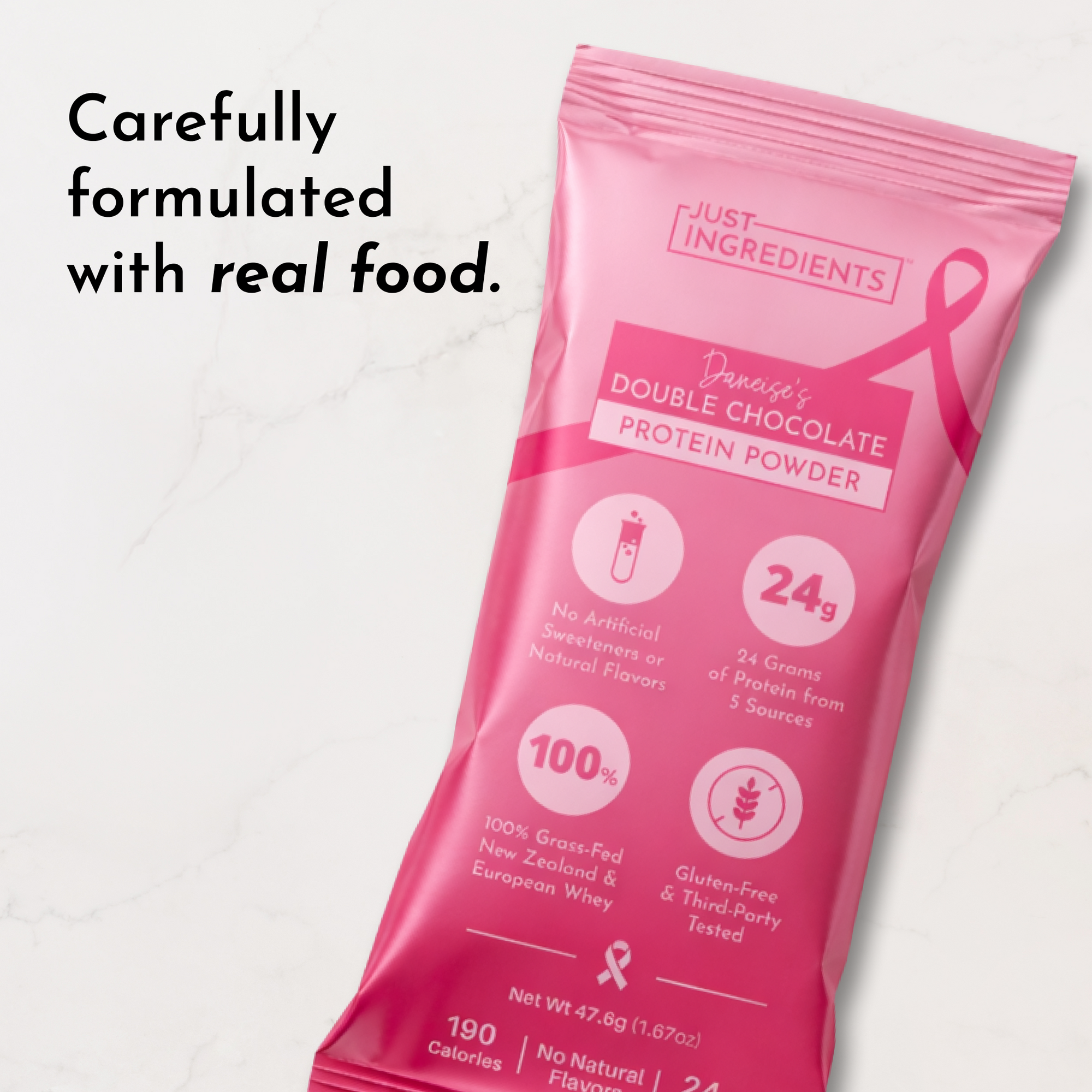 Pink packaging of Double Chocolate Protein Powder with nutritional information and branding details.