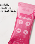 Pink packaging of Double Chocolate Protein Powder with nutritional information and branding details.