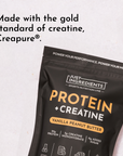 Black packaging featuring "Protein + Creatine" in orange text, with details about protein and creatine content.
