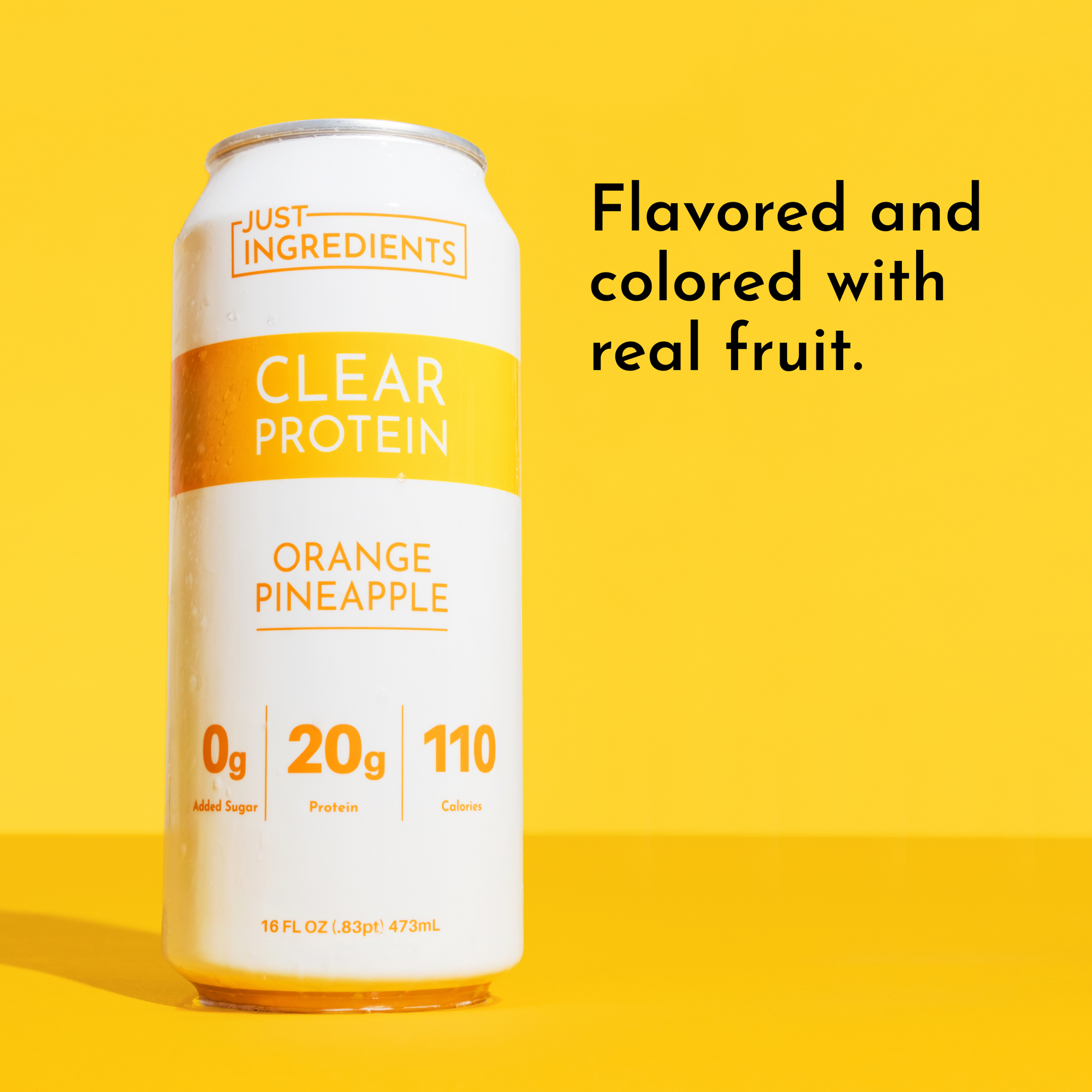Clear protein drink can with orange pineapple flavor, featuring nutritional information and a bright yellow background.