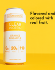 Clear protein drink can with orange pineapple flavor, featuring nutritional information and a bright yellow background.