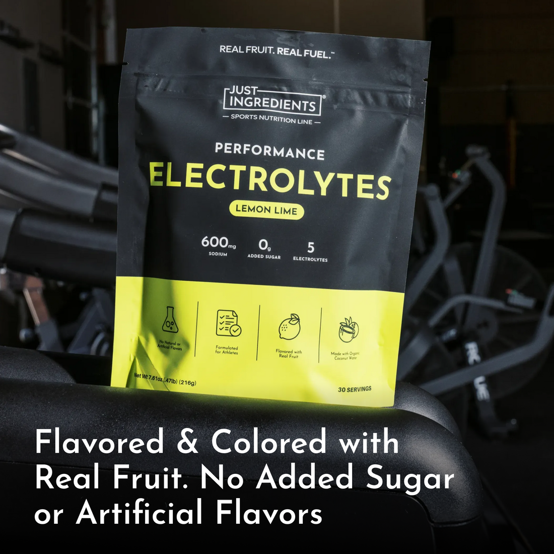 Lemon lime electrolyte pouch showing nutritional information and ingredient icons.