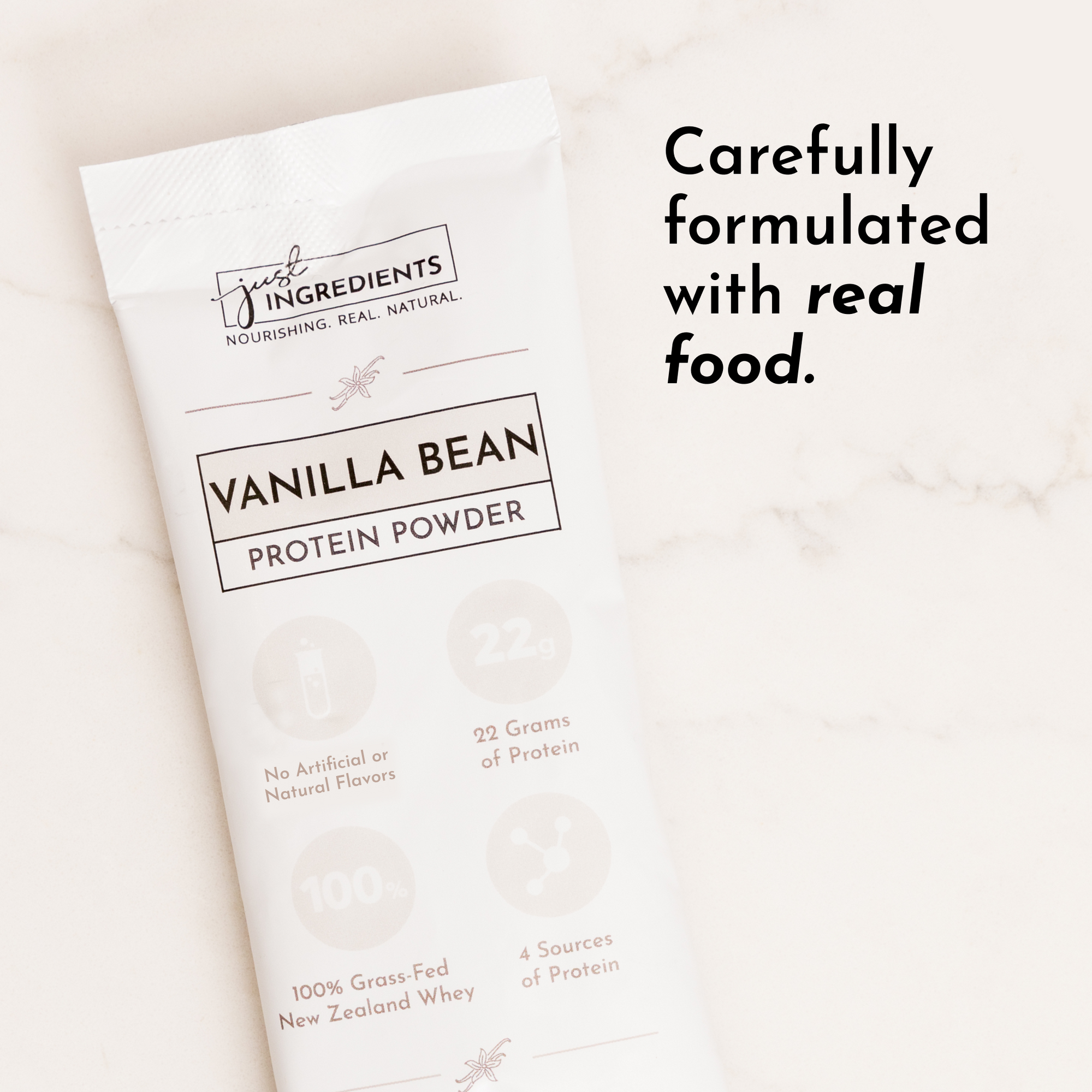 Vanilla bean protein powder stick with nutritional information and claims printed on a white background.