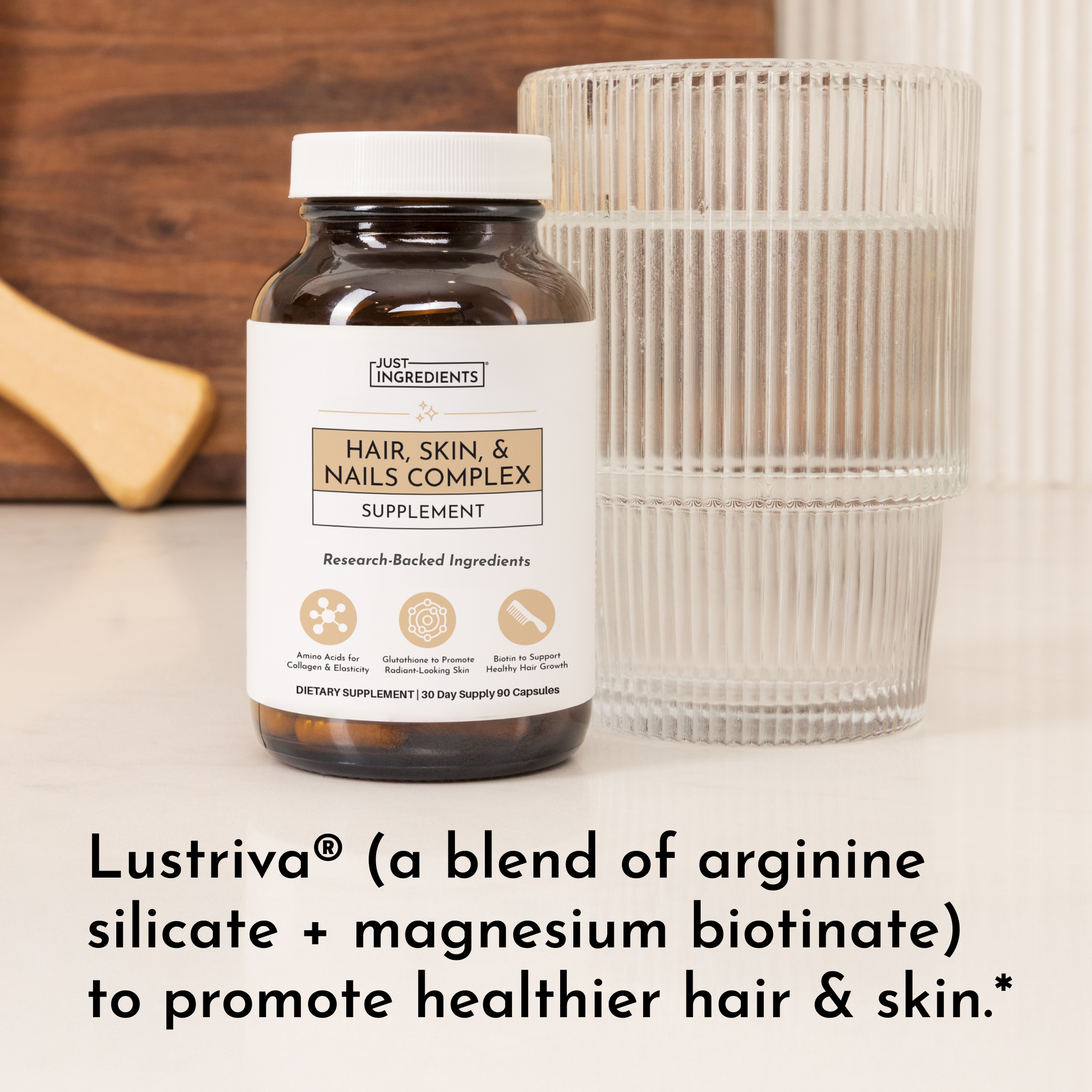Brown glass supplement bottle with white label and clear ribbed glass container on wooden surface.