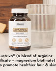 Brown glass supplement bottle with white label and clear ribbed glass container on wooden surface.