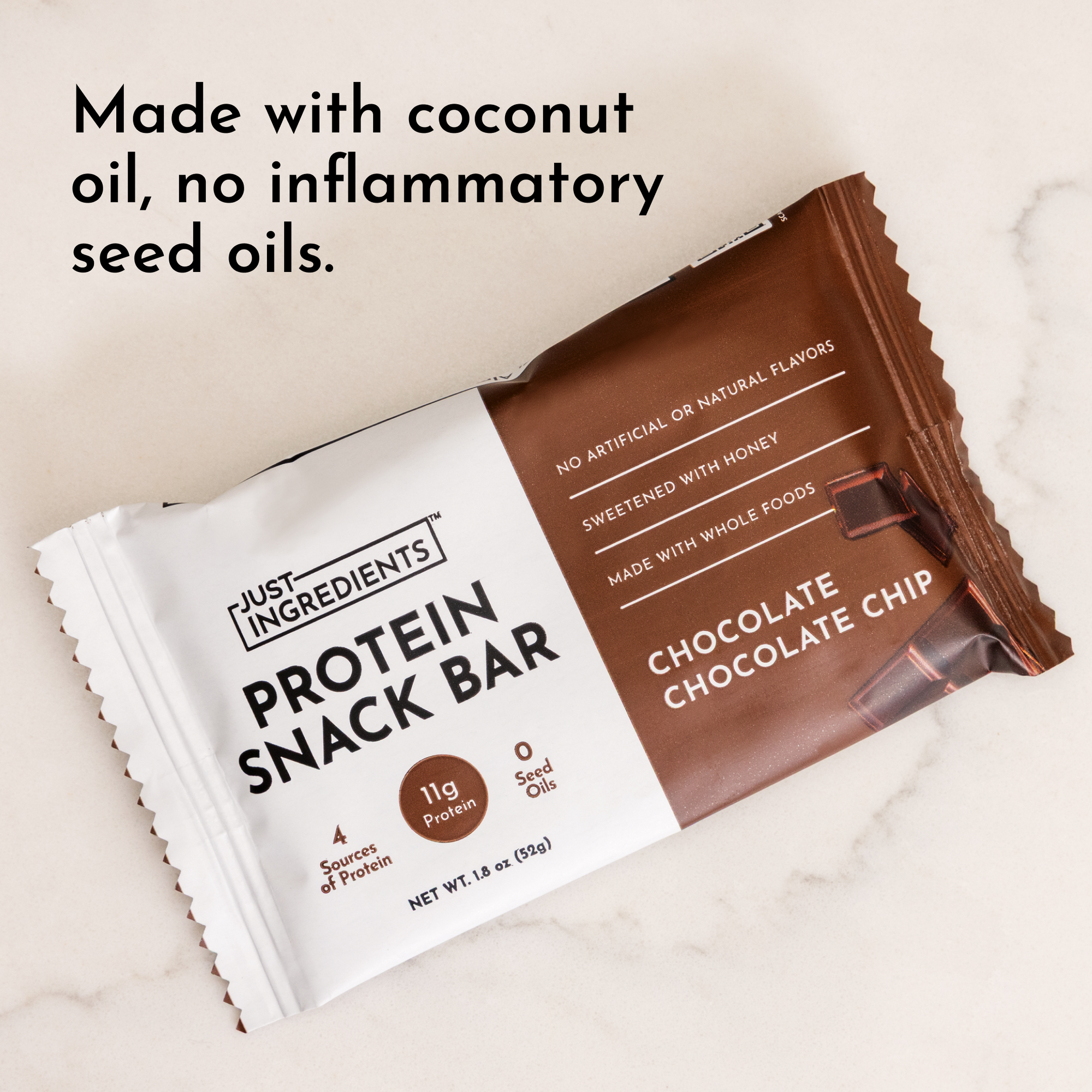 Protein snack bar packaging featuring chocolate chocolate chip flavor, with nutritional information and ingredients listed.