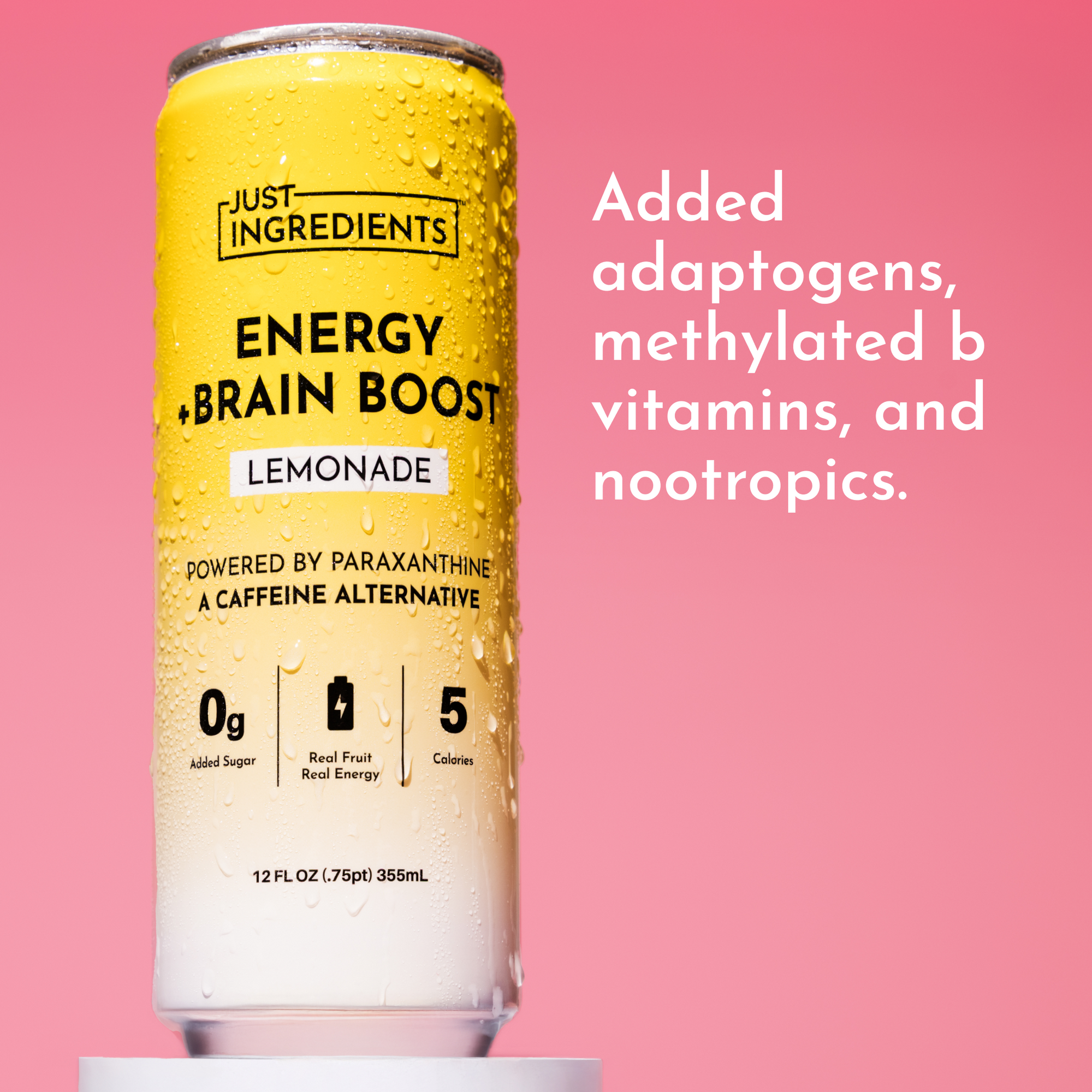 Yellow can of Energy + Brain Boost Lemonade with condensation, featuring product details and nutritional information.