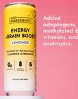 Yellow can of Energy + Brain Boost Lemonade with condensation, featuring product details and nutritional information.