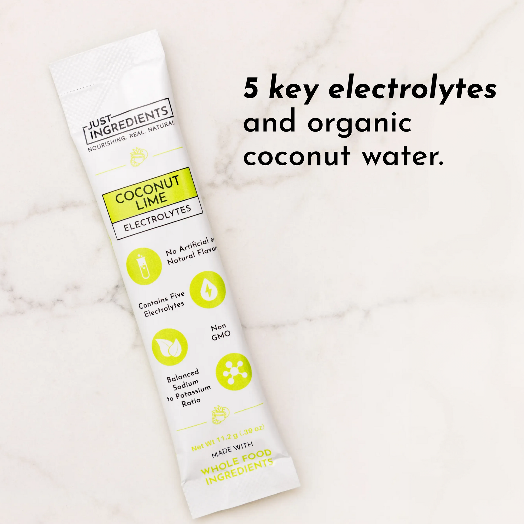 Electrolyte stick packet labeled "Coconut Lime" with details on ingredients and benefits.