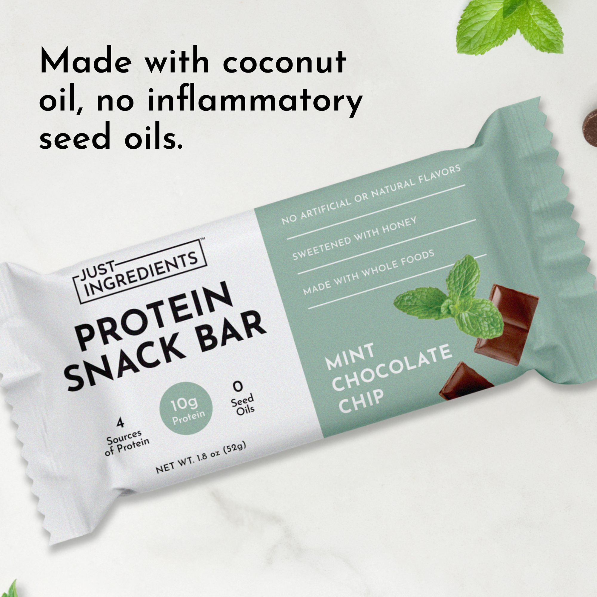 Mint chocolate protein snack bar with 10g protein, made with coconut oil and whole foods, in a 1.8 oz package.