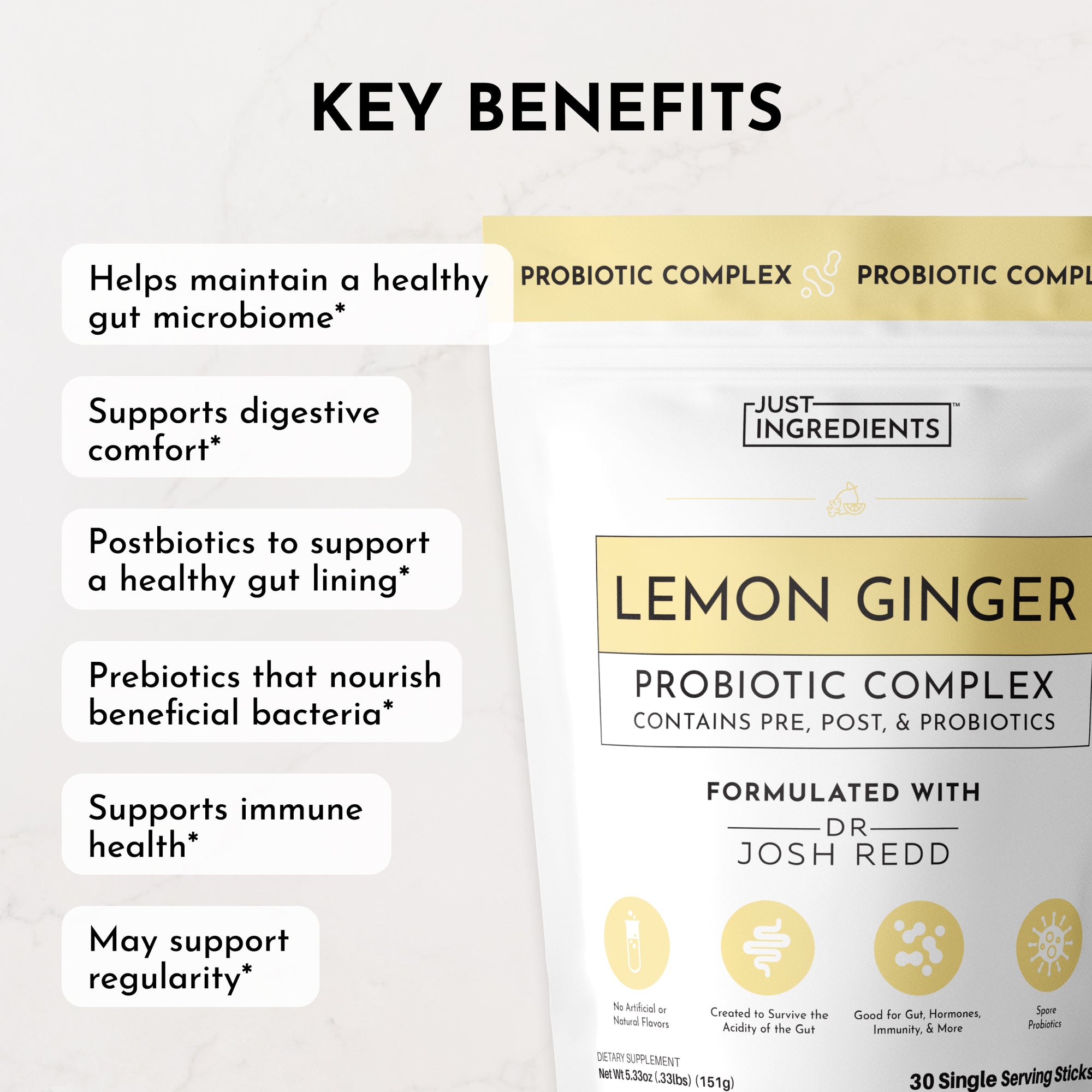 Lemon Ginger Probiotic Complex package featuring key benefits and serving details, designed for gut health support.