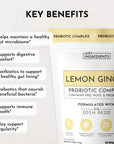 Lemon Ginger Probiotic Complex package featuring key benefits and serving details, designed for gut health support.