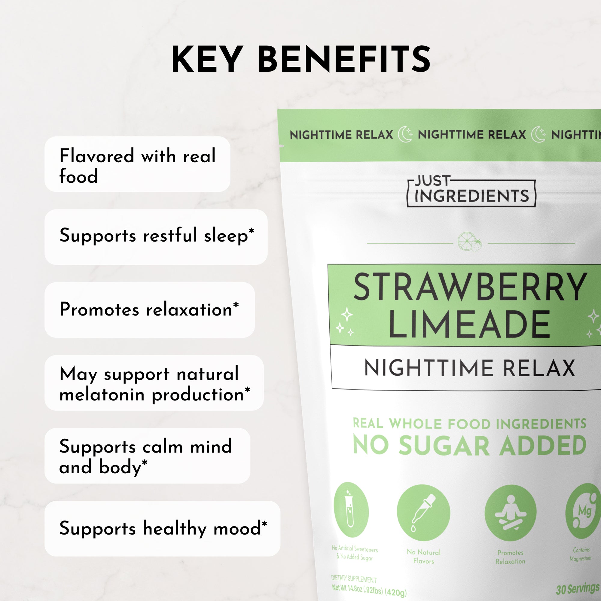 Pouch of Strawberry Limeade Nighttime Relax dietary supplement with key benefits listed on a light background.