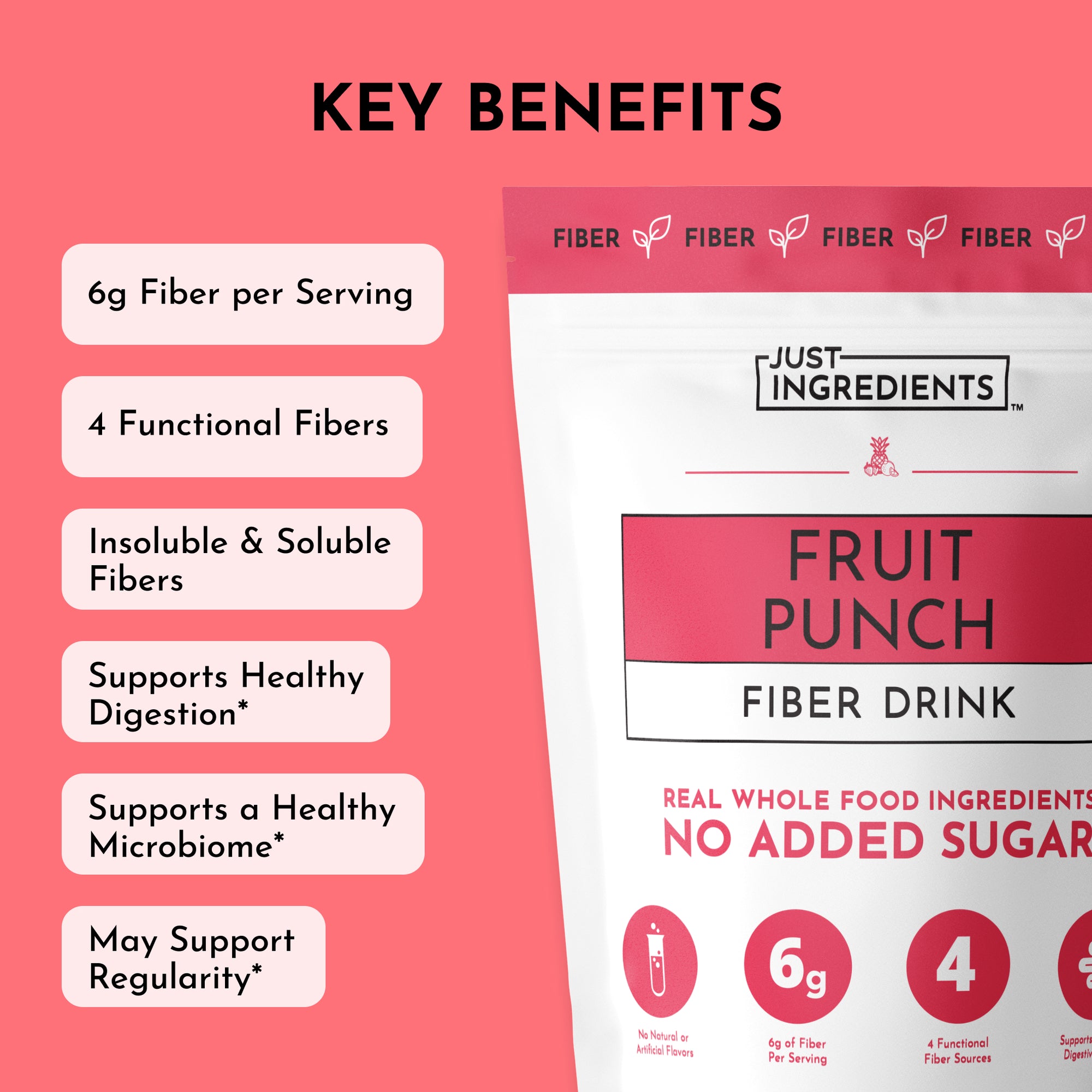 Fiber drink packaging featuring "Fruit Punch" label, highlighting key benefits and nutritional information.