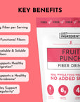 Fiber drink packaging featuring "Fruit Punch" label, highlighting key benefits and nutritional information.