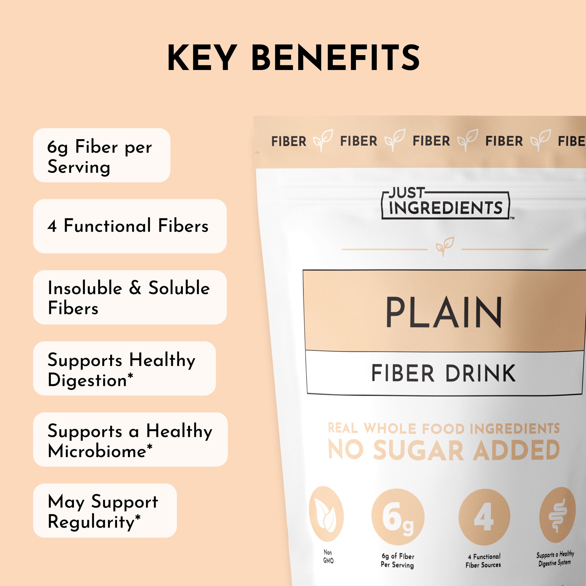 Plain Fiber Drink package with key benefits listed, including fiber content and digestive support information.