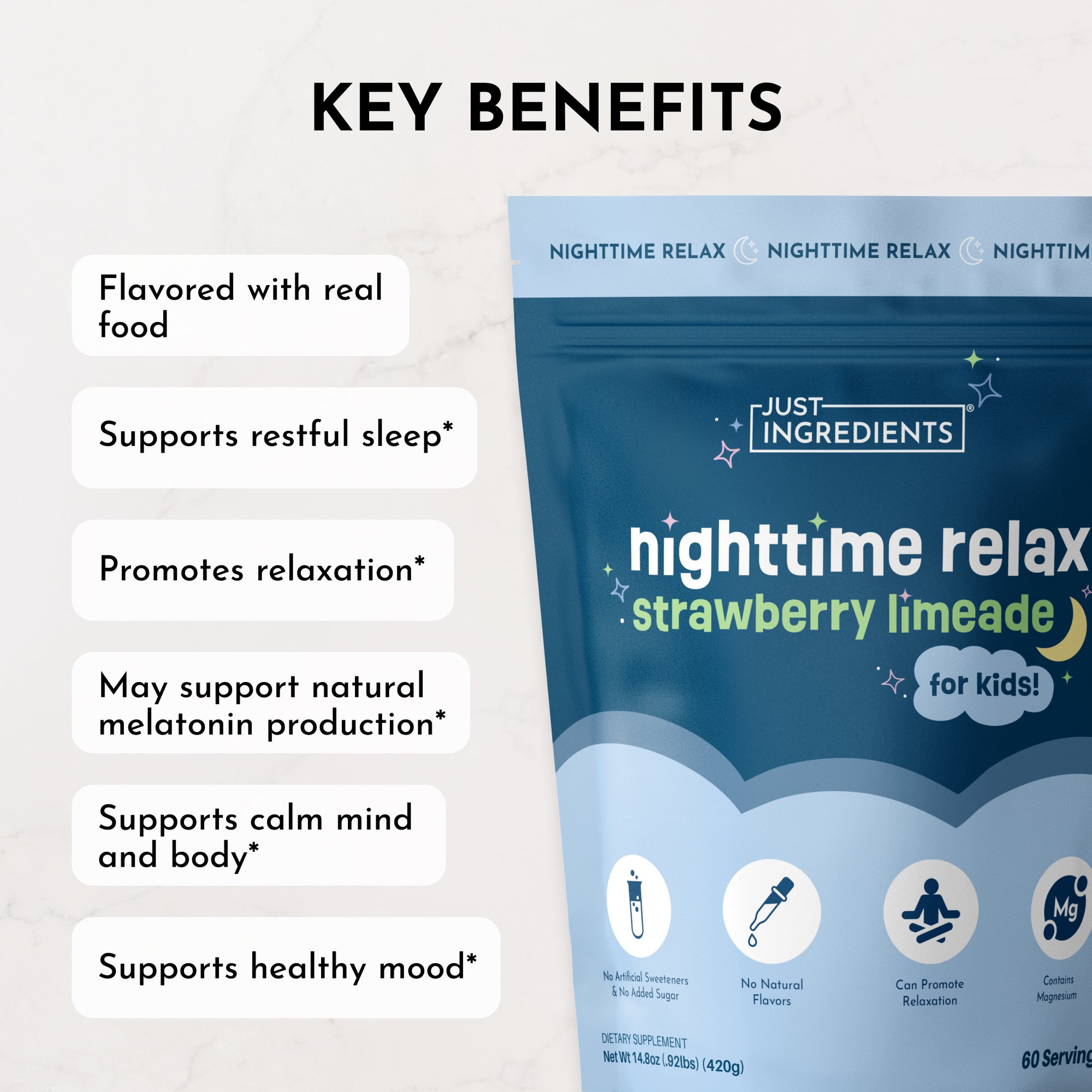 Strawberry limeade flavored nighttime relaxation supplement pouch for kids with key benefits listed on left side.